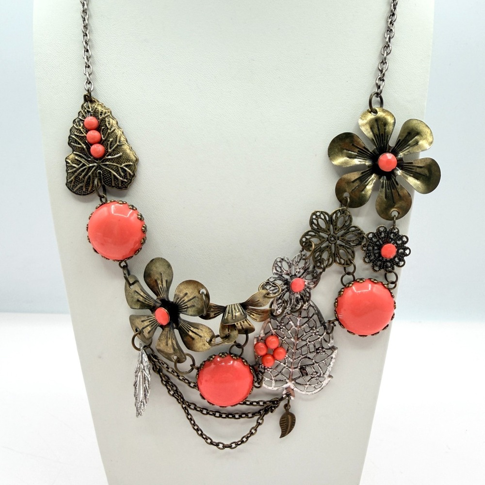 Vintage Bronze Floral Bib Necklace Orange Faux Coral Beads Boho Statement